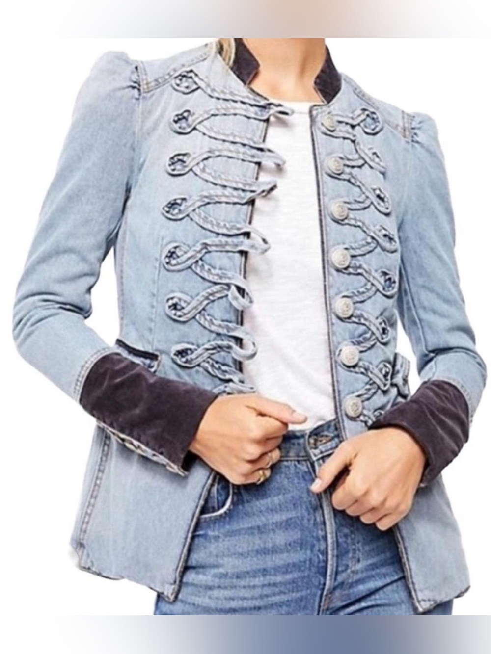 Free People Blue Denim Military Jacket
With Navy Trim Women’s Size: XS